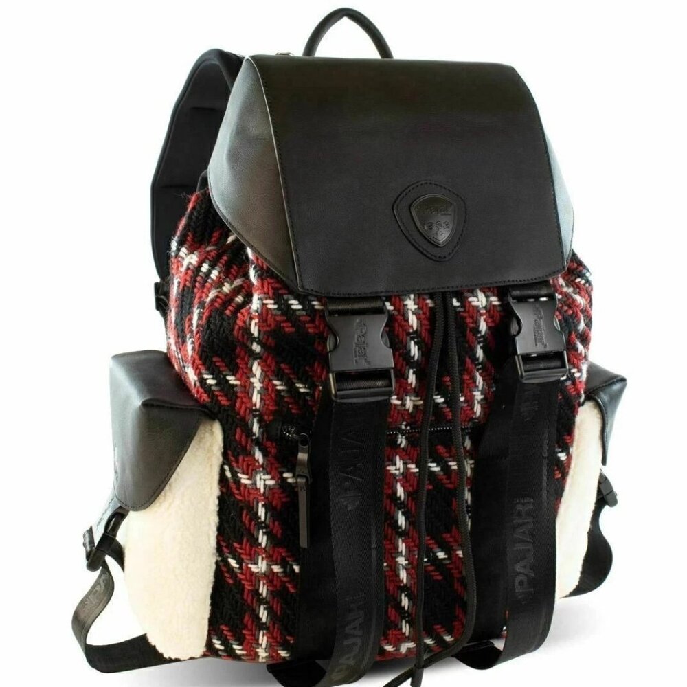 PAJAR-Logan Leather/Knit Luxury Special Force Sport Backpack-Black Plaid Mix-NWT